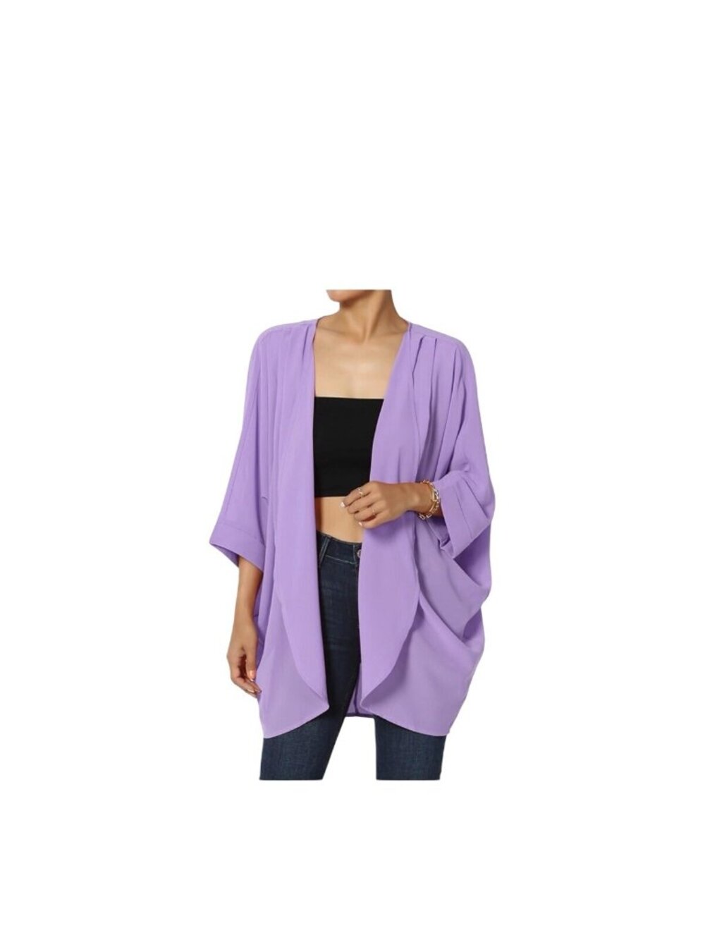 IN'VOLAND Plus Size Lavender Purple Chiffon Kimono Cardigan Open Front Cover Up